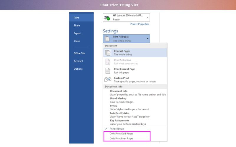 chọn Only Print Odd Pages
